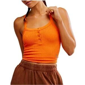 Free People All Clear Scrunched Henley Tank Tangerine Orange NWOT S